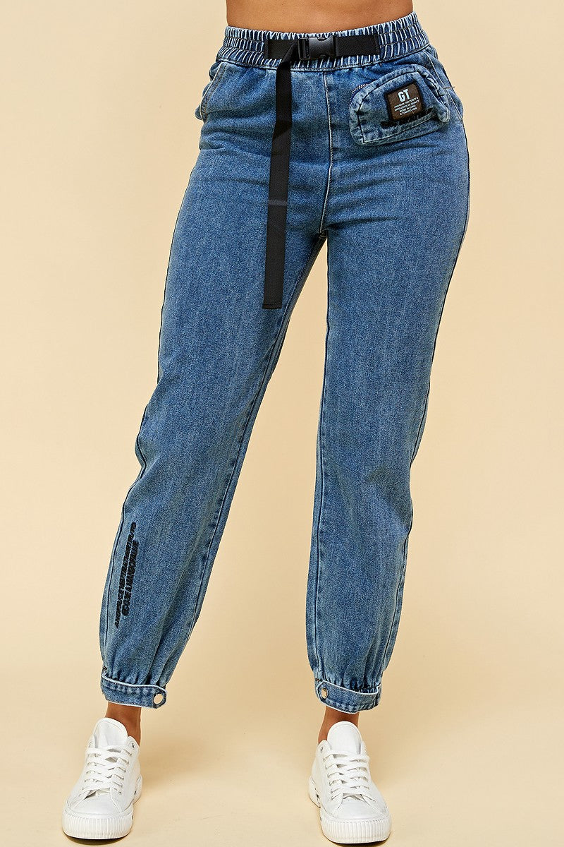 Denim Jogger Pants with Belt and Pouch Bag