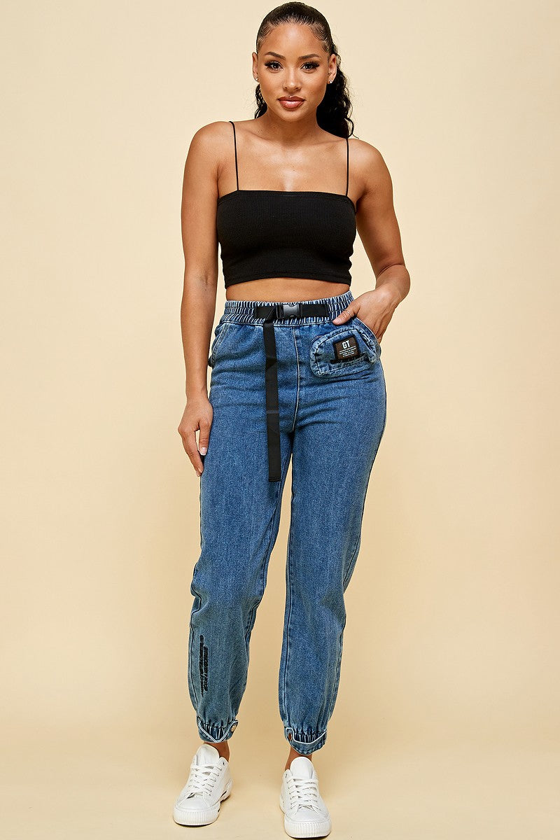 Denim Jogger Pants with Belt and Pouch Bag