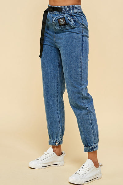 Denim Jogger Pants with Belt and Pouch Bag
