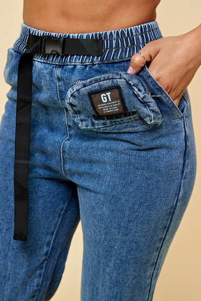 Denim Jogger Pants with Belt and Pouch Bag