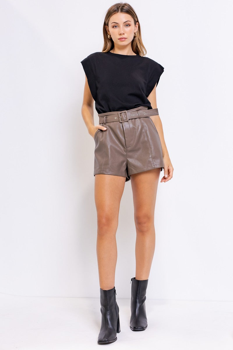 High Waisted Belted Paper Bag Pleather Shorts